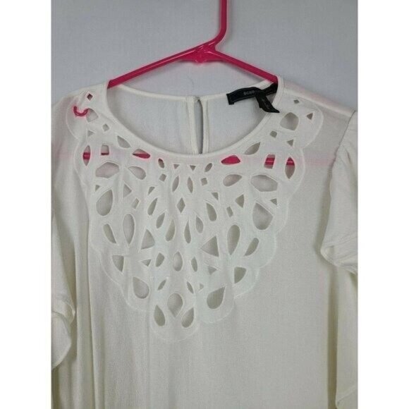 BCBGMaxazria Womens BOHO Top Medium White Ruffle Sleeve Embroidered Cottagecore - Picture 3 of 9